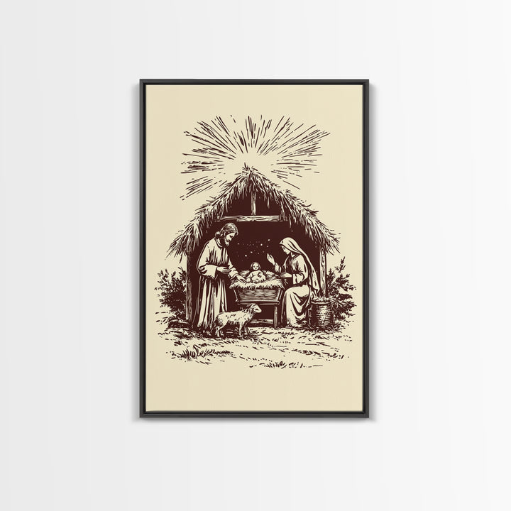 Retro Nativity Scene Canvas Print - Framed Canvas - Minimalist Christmas Art - Boho Christmas Art - Rustic Christmas Art