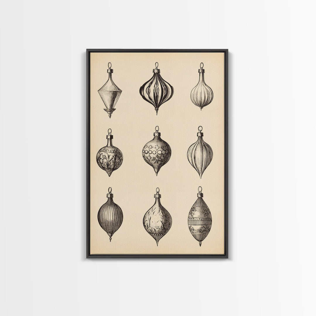 Retro Christmas Ornaments Canvas Print - Framed Canvas - Minimalist Christmas Art - Boho Christmas Art - Rustic Christmas Art
