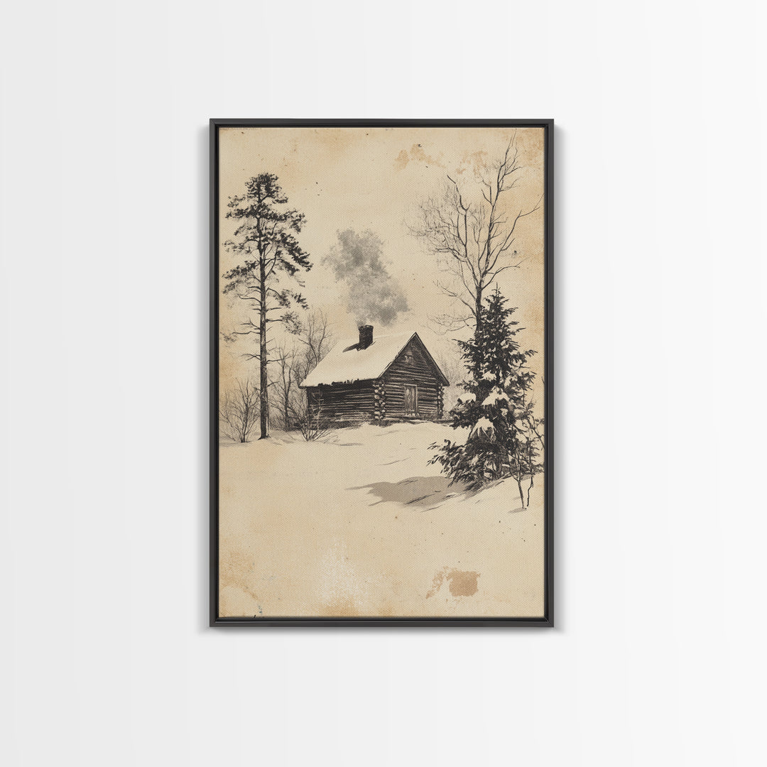 Christmas Cabin Canvas Print - Framed Canvas - Minimalist Christmas Art - Boho Christmas Art - Rustic Christmas Art