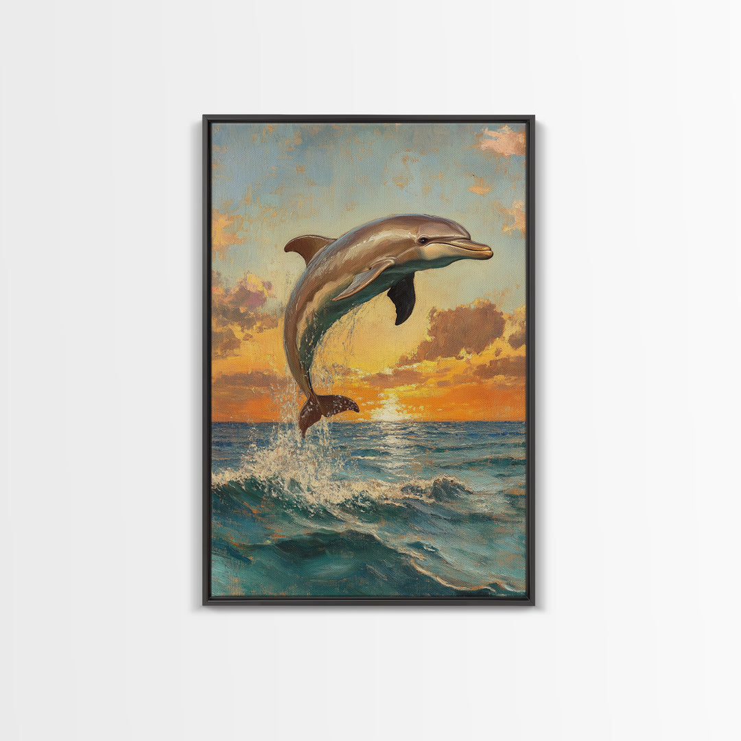 Dolphin Jumping At Sunset, Framed Canvas Print, Dolphin Painting, Dolphin Decor, Dolphin Wall Art