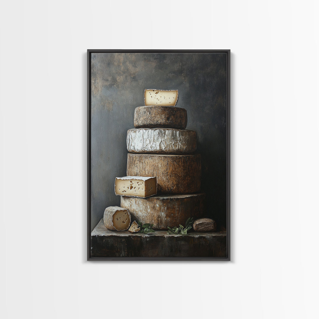 Cheese Wall Art Framed Canvas Print, Cheese Still Life, Cheese Painting, Kitchen Decor, Dining Room Wall Art, Rustic Farmhouse Kitchen Art
