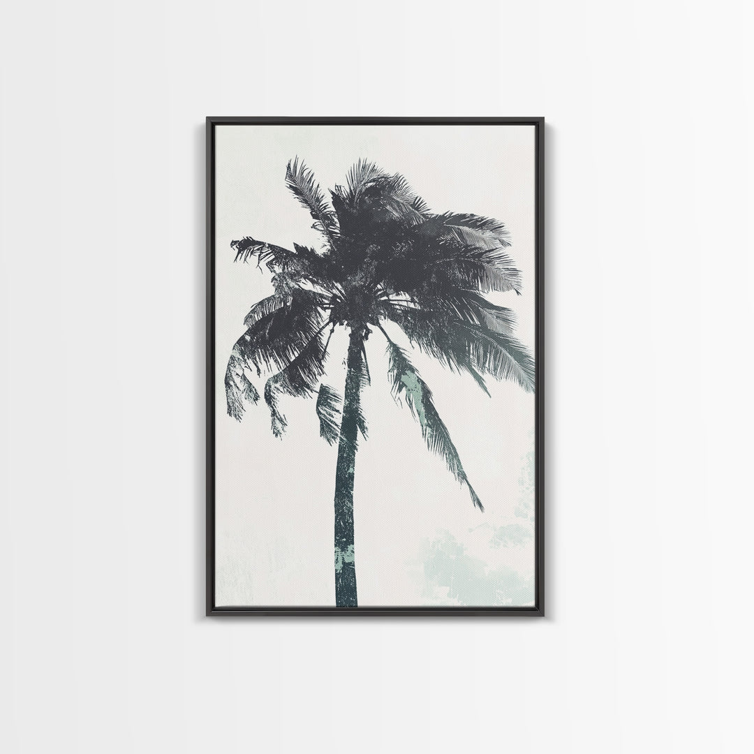 Palm Tree In The Wind, Framed Canvas Print, Wabi Sabi Watercolor Painting of a Palm Tree, Statement Piece Art