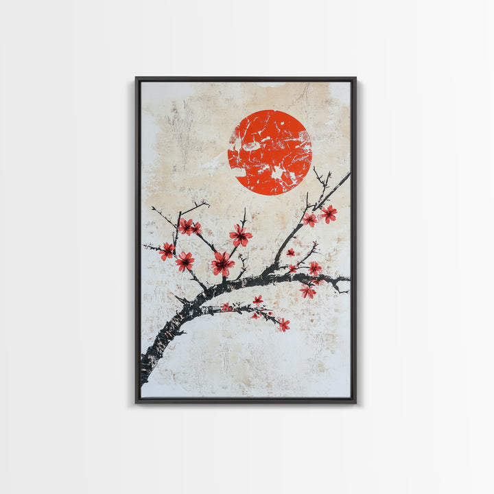 Cherry Blossoms and Sunset Framed Canvas Print - Minimalist Wabi Sabi Wall Art - Cherry Blossoms Painting - Home Decor - Japanese Style Art
