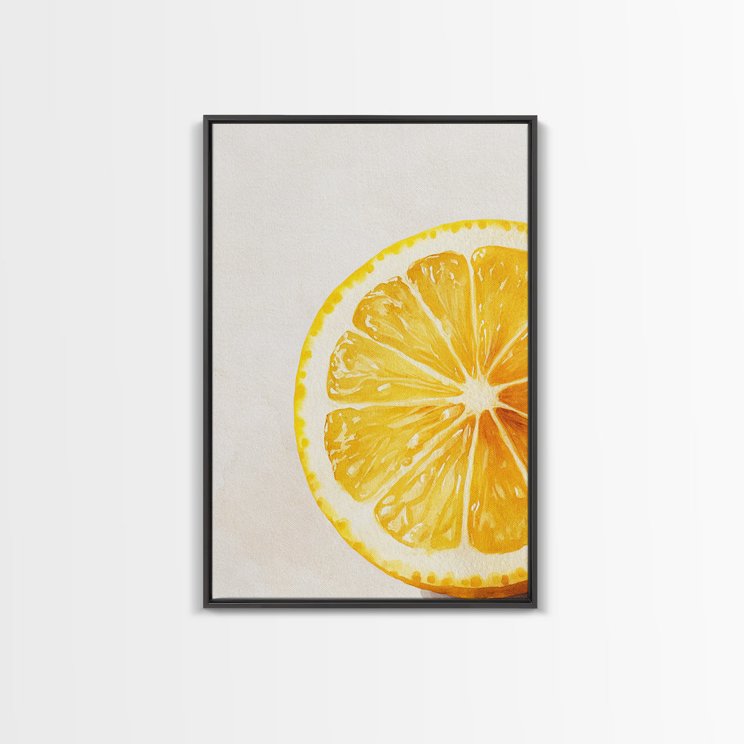 Closeup of a Lemon Wedge Framed Canvas Print, Original Still Life Painting of a Lemon, Housewarming Gift, Kitchen Food Wall Art, Kitchen Decor