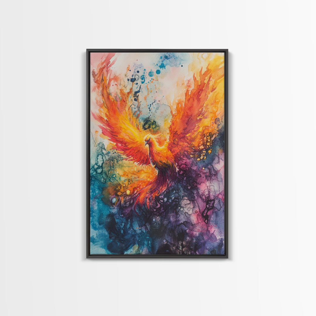 Rising Phoenix Canvas Print Wall Art - Majestric Watercolor Painting On Vertical Canvas, Framed and Ready To Hang, Hardware Included