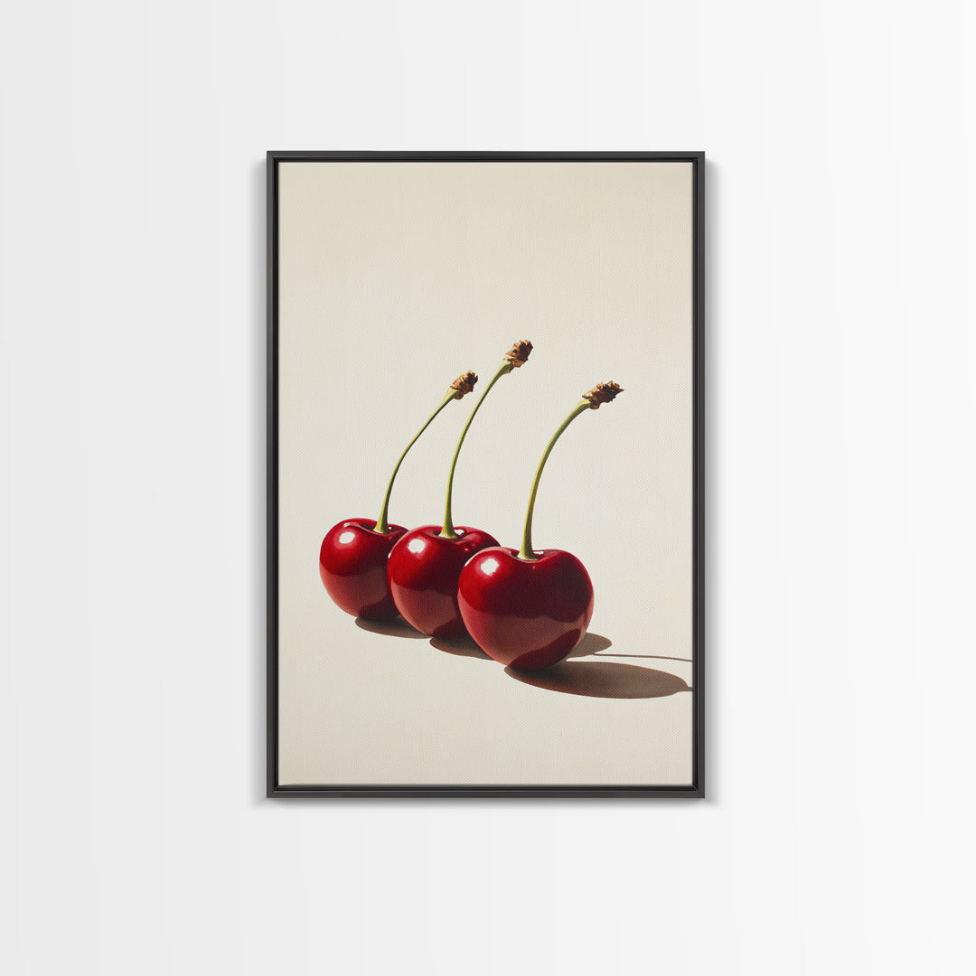 Three Cherries Framed Canvas Print, Cherry Painting, Cherry Wall Art, Ready To Hang Painting, Framed Wall Art, Photorealism, Fruit Art
