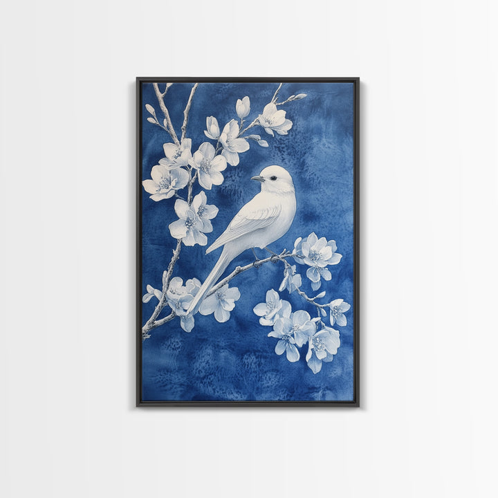 Blue Botanial Wall Art Chinoiserie Wall Art, White Bird, Blue Chinoiserie Home Decor, Botanical Print, Bird Painting, Framed Canvas Print