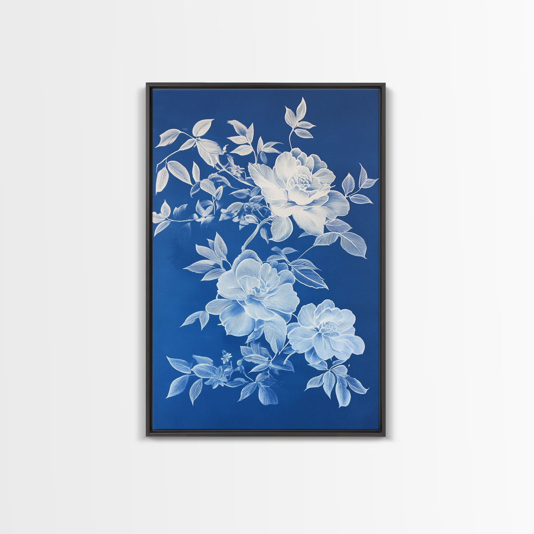Blue Botanical Wall Art Chinoiserie Wall Art, Wall Decor Minimalist Wall Art, Blue Roses, Botanical Print Wall Art