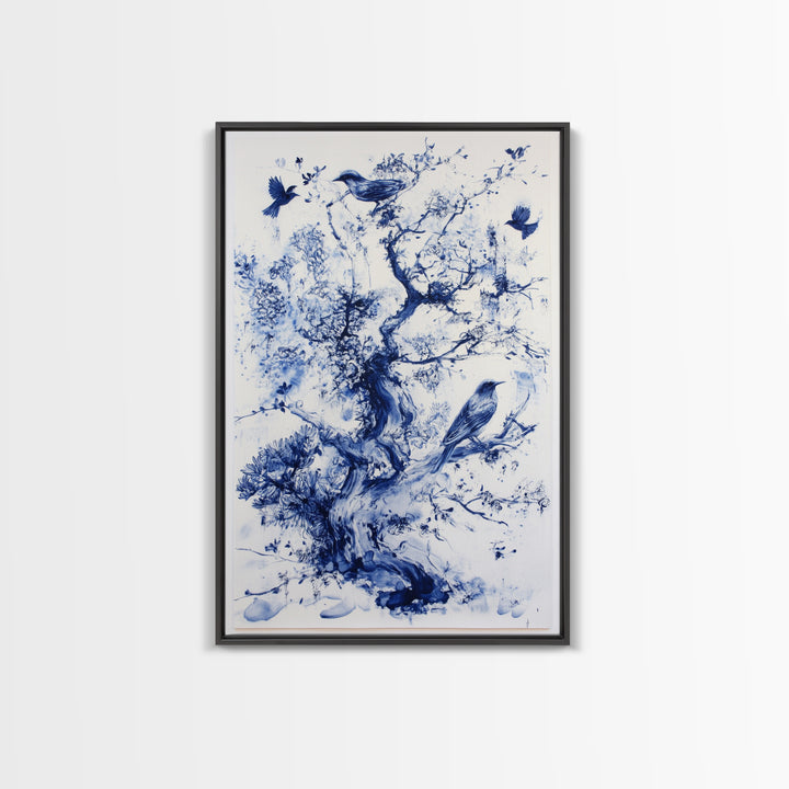 Chinoiserie Wall Art Framed Canvas Print, Blue Tree and Birds, Botanical Print, Birdwatcher Gift Idea, Chinoiserie Style Painting
