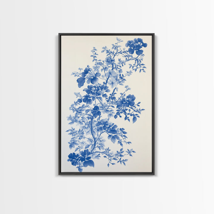 Blue Floral Print, Chinoiserie Wall Art, Framed Canvas, Canvas Art Home Decor, Chinoiserie Style Painting