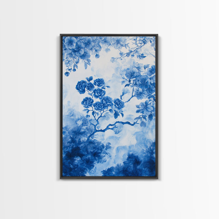 Blue Roses Chinoiserie Style Painting Print, Living Room Decor, Chinoiserie Wall Art, Chinoiserie Decor, Living Room Wall Art