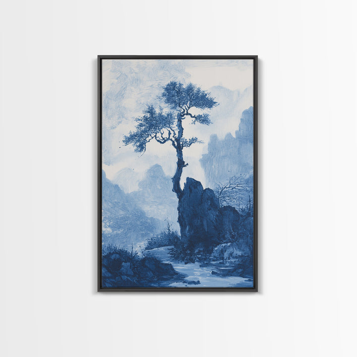 Chinoiserie Wall Art, Chinoiserie Style Canvas Print, Chinoiserie Blue Painting, Retro Boho Style Minimalist Wall Art, Blue Painting