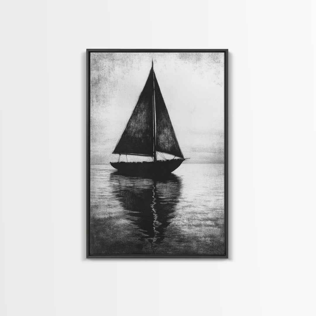 Charcoal Sketch of a Sailboat, Framed Canvas Print, Sailboat Painting, Minimalist Home Decor, Nautical Decor, Black and White Sailboat Art