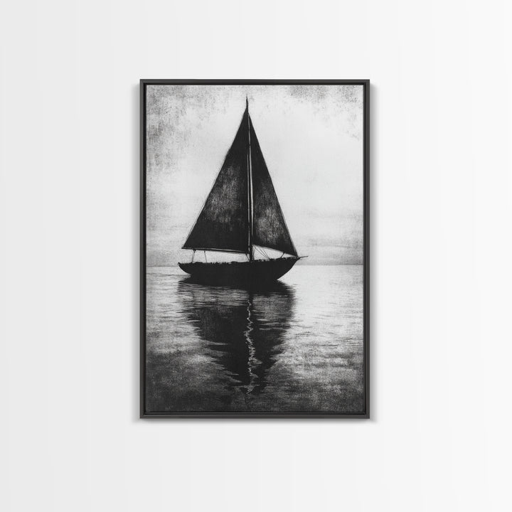 Charcoal Sketch of a Sailboat, Framed Canvas Print, Sailboat Painting, Minimalist Home Decor, Nautical Decor, Black and White Sailboat Art
