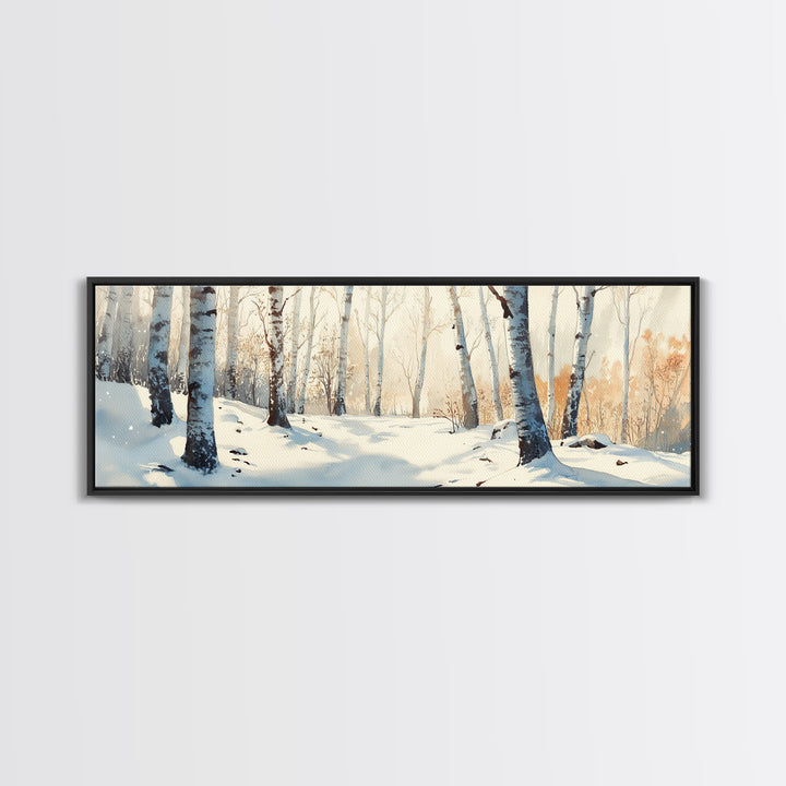 Birch Tree Forest In The Snow Covered Winter Framed Canvas Print, Panoramic Wall Art, Original Birch Tree Art, Birch Tree Painting, Horizontal Art