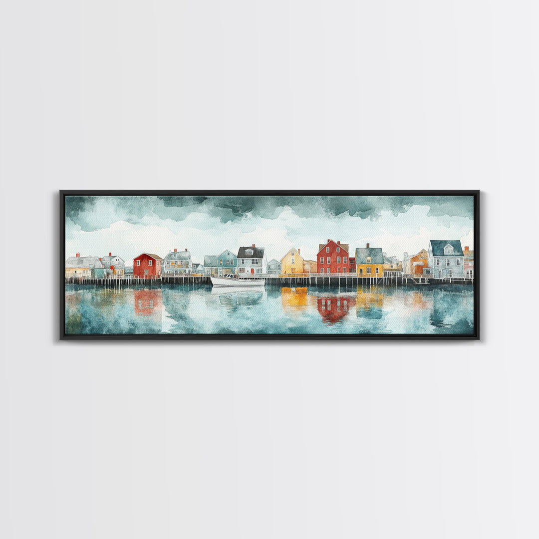 Panoramic Painting Print of Nantucket, Framed Canvas Print, Nantucket Painting, nautical seascape landscape painting, Nautical Decor
