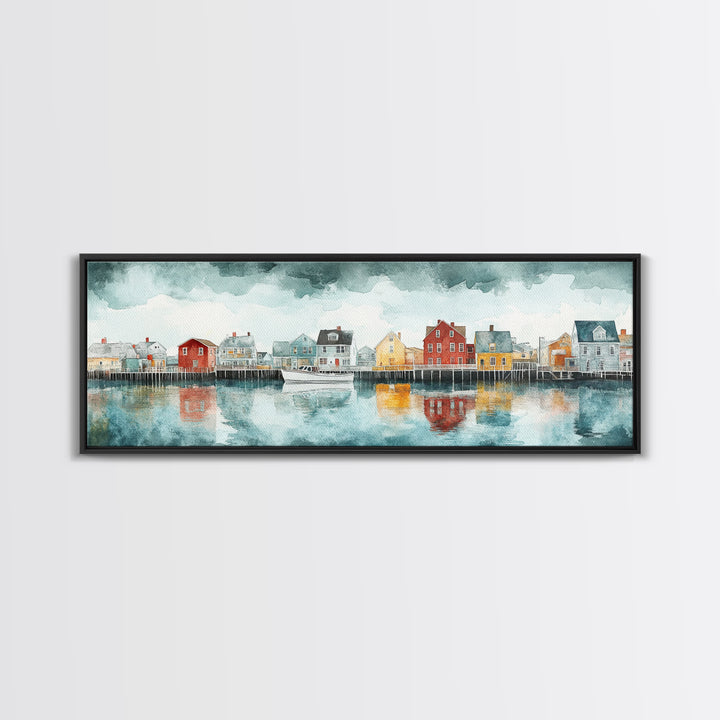 Panoramic Painting Print of Nantucket, Framed Canvas Print, Nantucket Painting, nautical seascape landscape painting, Nautical Decor