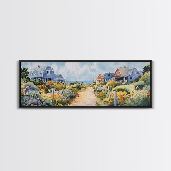 Panoramic Painting Print of Nantucket, Framed Canvas, Nautical Wall Art, Seascape landscape painting, Horizontal Nantucket Wall Art