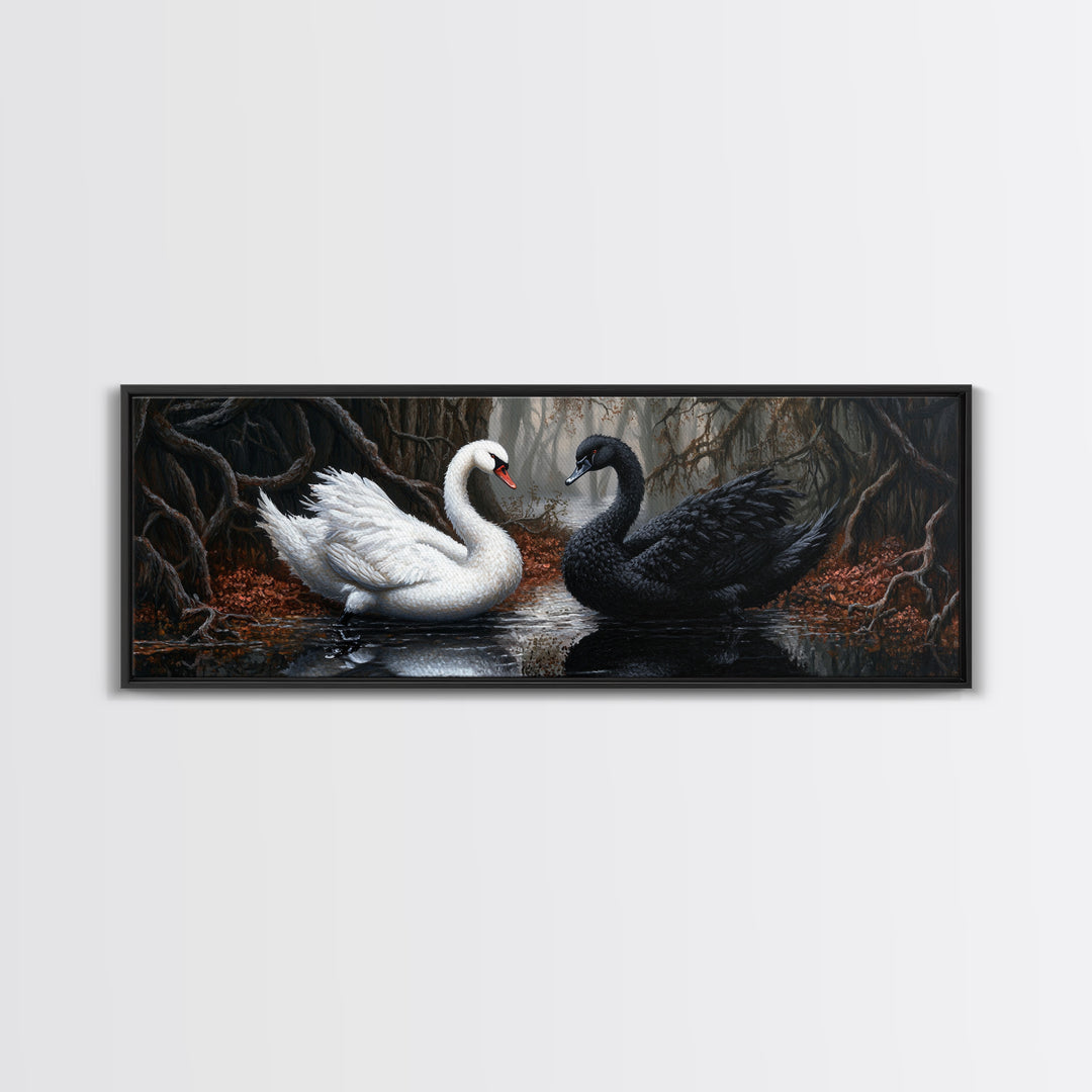 Black and White Swan Form  A Heart, Framed Canvas Print, Swan Painting, Black Swan Art, Dark Romance, Panoramic Art, Gothic Art