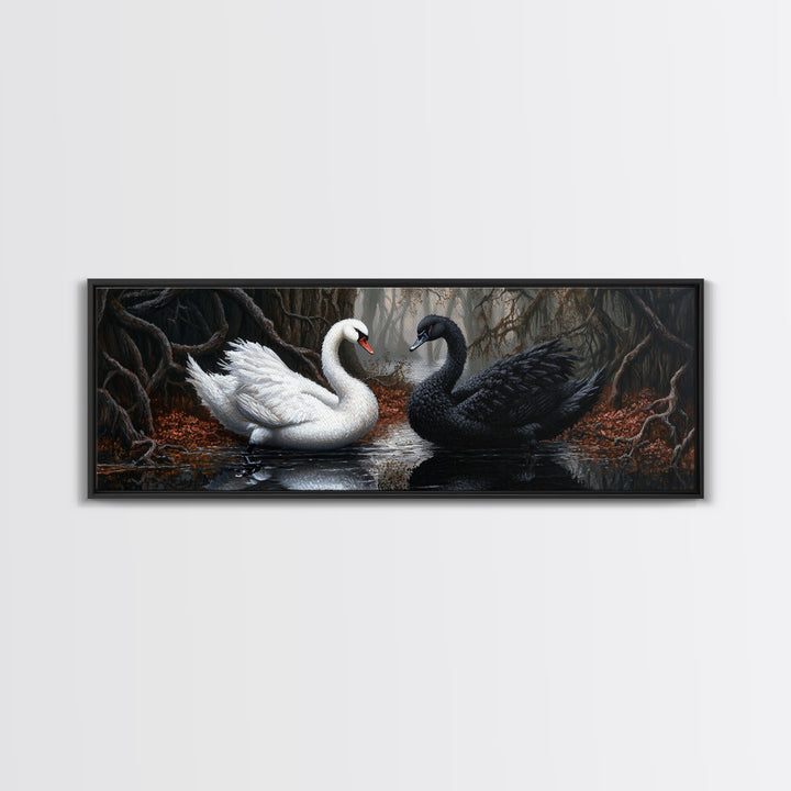 Black and White Swan Form  A Heart, Framed Canvas Print, Swan Painting, Black Swan Art, Dark Romance, Panoramic Art, Gothic Art