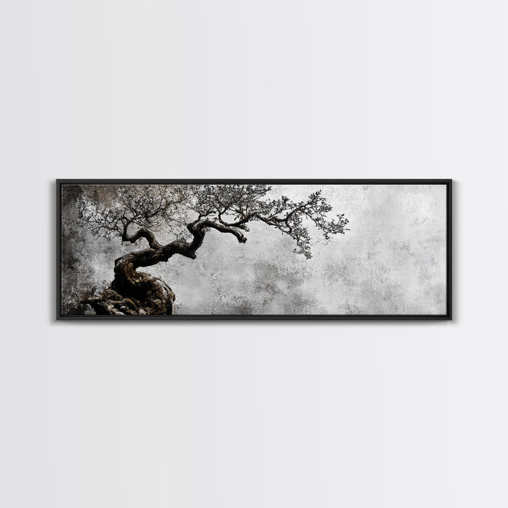 Black and White Bonzai Tree Framed Canvas Print, Wabi Sabi Japanese Style Home Decor, Minimalist Art, Moody Decor, Moody Art