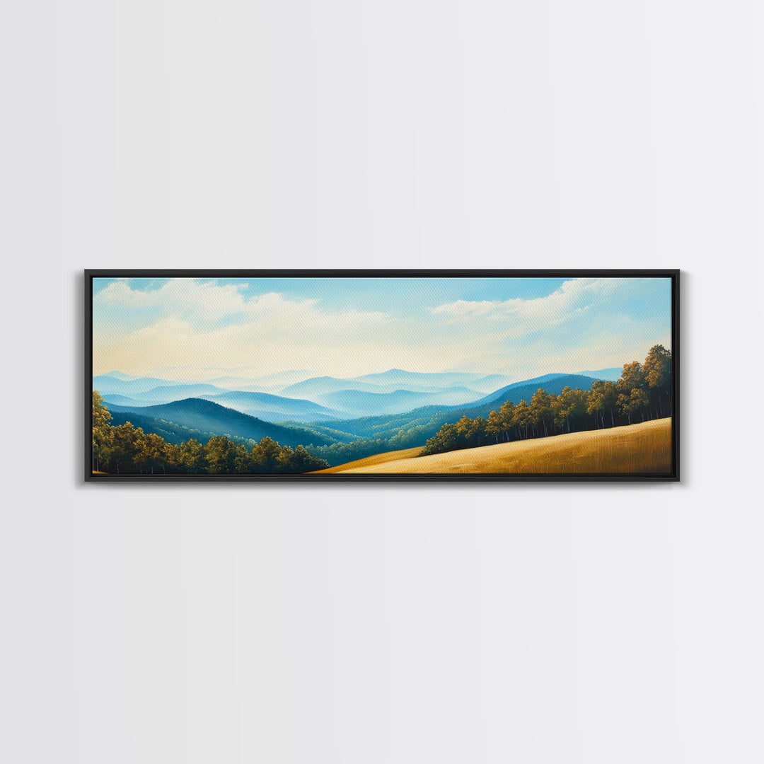 Blueridge Mountains Framed Canvas Print, Blue Ridge Mountains Painting, Panoramic Landscape Painting, Horizontal Wall Decor