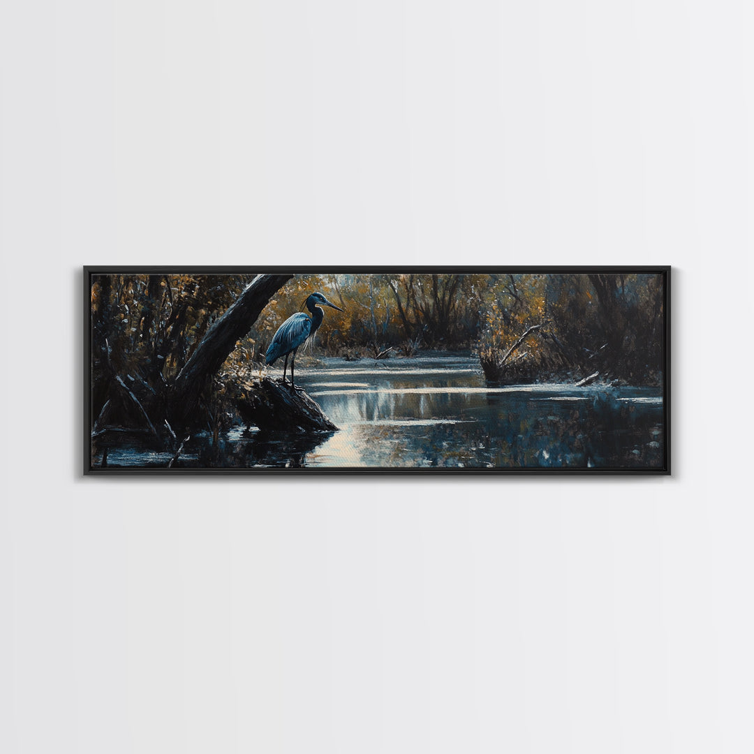 Blue Heron Wall Art, Framed Canvas Print, Nautical Home Decor, Blue Heron Painting, Panoramic Horizontal Wall Art