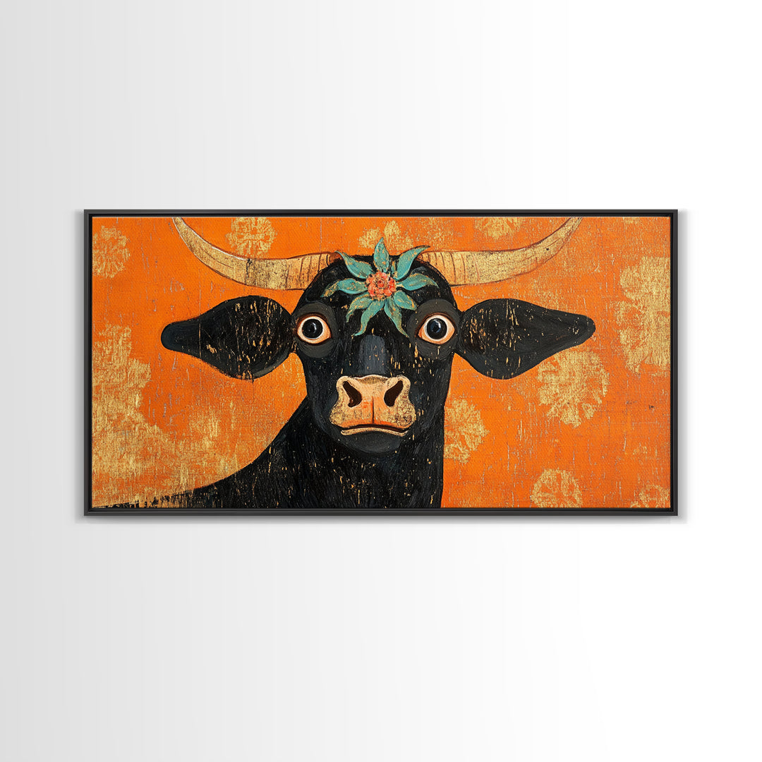 Abstract Wide Eyed Cow, Funny Art, Framed Canvas Print, Chicano Wall Art, Mexican Style Art, Farmhouse Decor, Cow Painting, Cow Print