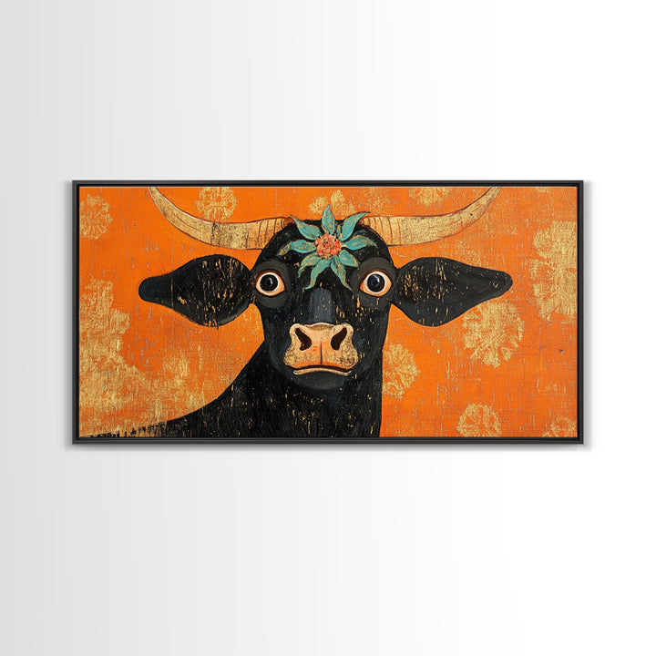 Abstract Wide Eyed Cow, Funny Art, Framed Canvas Print, Chicano Wall Art, Mexican Style Art, Farmhouse Decor, Cow Painting, Cow Print