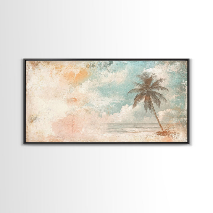 Distressed Painting Print of a Lone Palm Tree on a Beach, Framed Canvas Print, Retro Nautical Landscape Painting, Beach Wall Art, Beach Print