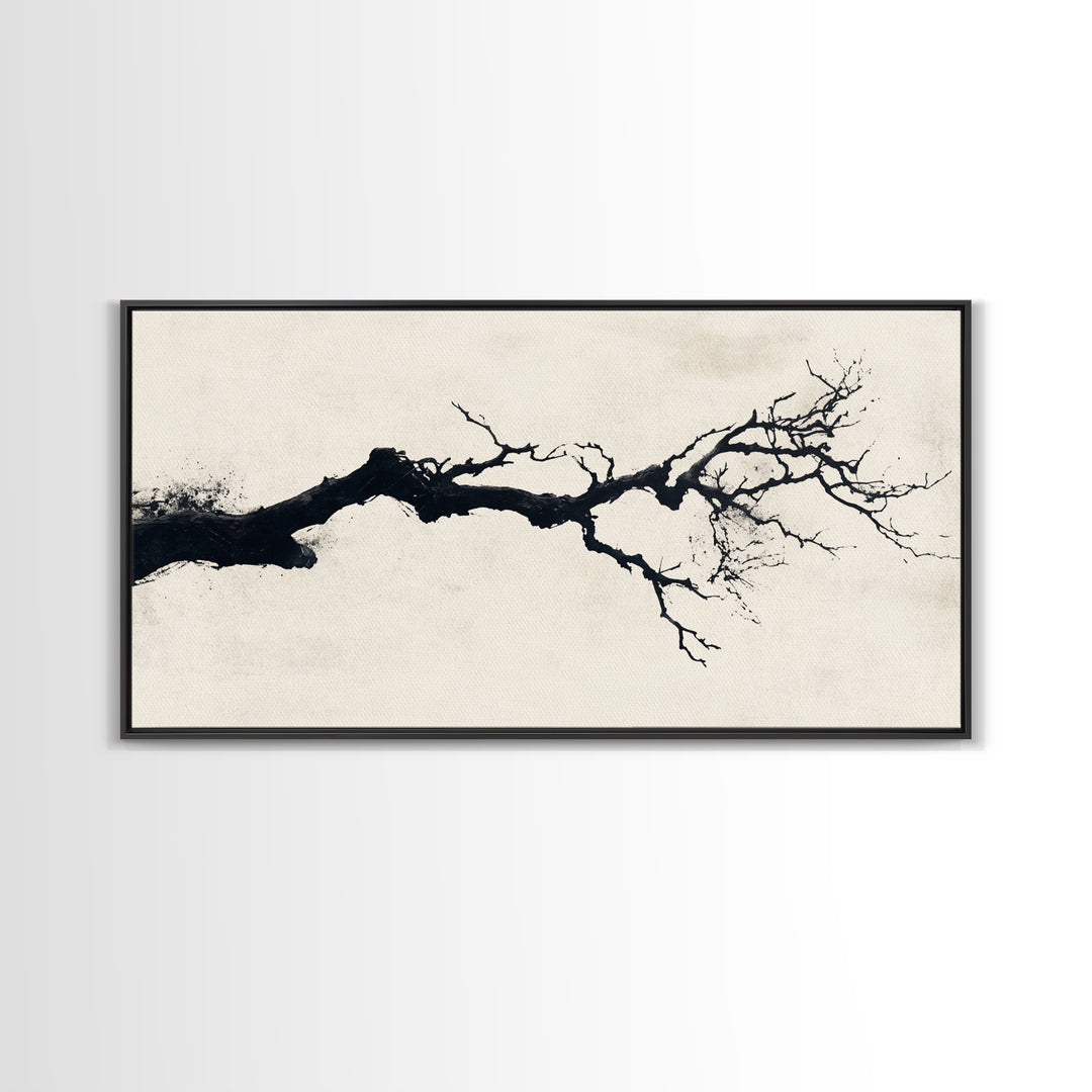 Black and White Wall Art, Framed Canvas Print, Dead Branch Painting on a Black Background, Charcoal Sketch, Charcoal Painting Wall Art