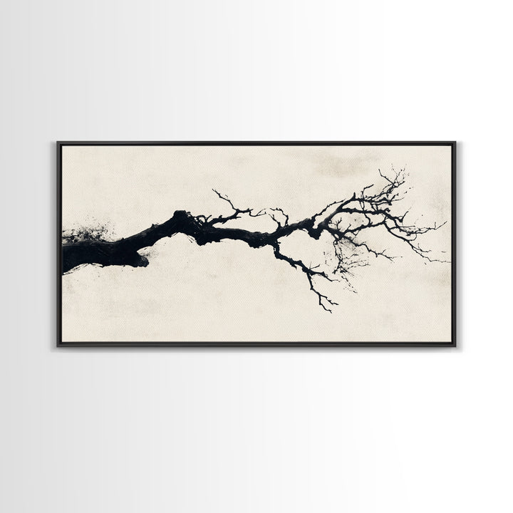 Black and White Wall Art, Framed Canvas Print, Dead Branch Painting on a Black Background, Charcoal Sketch, Charcoal Painting Wall Art
