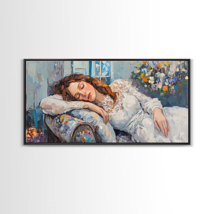 Decadent Young Woman Inspired Wall Art, Framed Canvas Print, Victorian Oil Painting Of a Woman Taking a Nap, Cute Bedroom Decor
