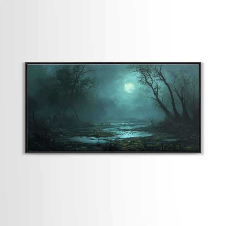Dark and Moody Wall Art Framed Canvas Print, Oil Painting of a Swamp, Moody Landscape Wall Art