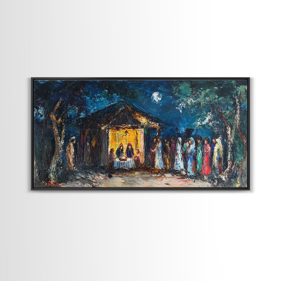 Abstract Oil Painting Print of The Nativity - Framed Canvas Print - Christian Christmas Wall Art - Wood Framed Art - Above Mantle Art