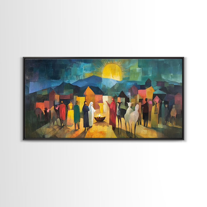 Christmas Nativity Scene Art Print - Framed WalL Art Canvas Print - Mary, Joseph and Baby Jesus in Bethlehem Abstract Oil Painting Print