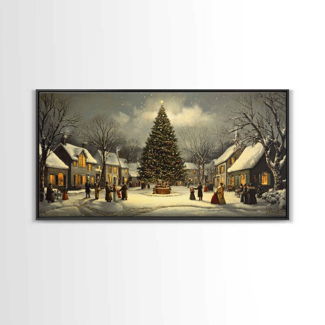 Christmas Village Framed Canvas Print Winter Decor, Canvas Wall Art, Victorian Christmas Oil Painting, Christmas Village Art