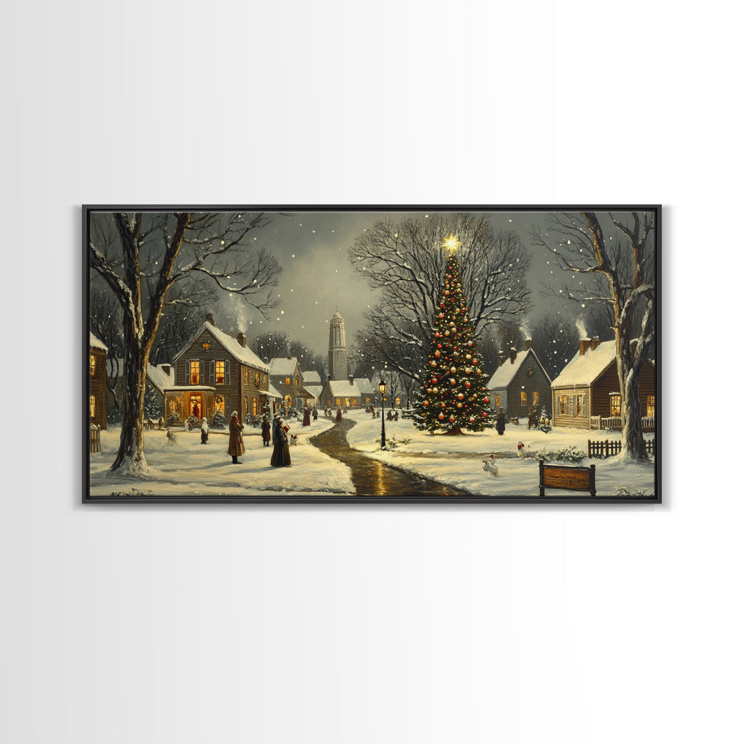 Christmas Sceneary Wall Art Framed Canvas Print, Winter Wall Art, Christmas Village Painting, Victorian Christmas Oil Painting, Horizontal Art