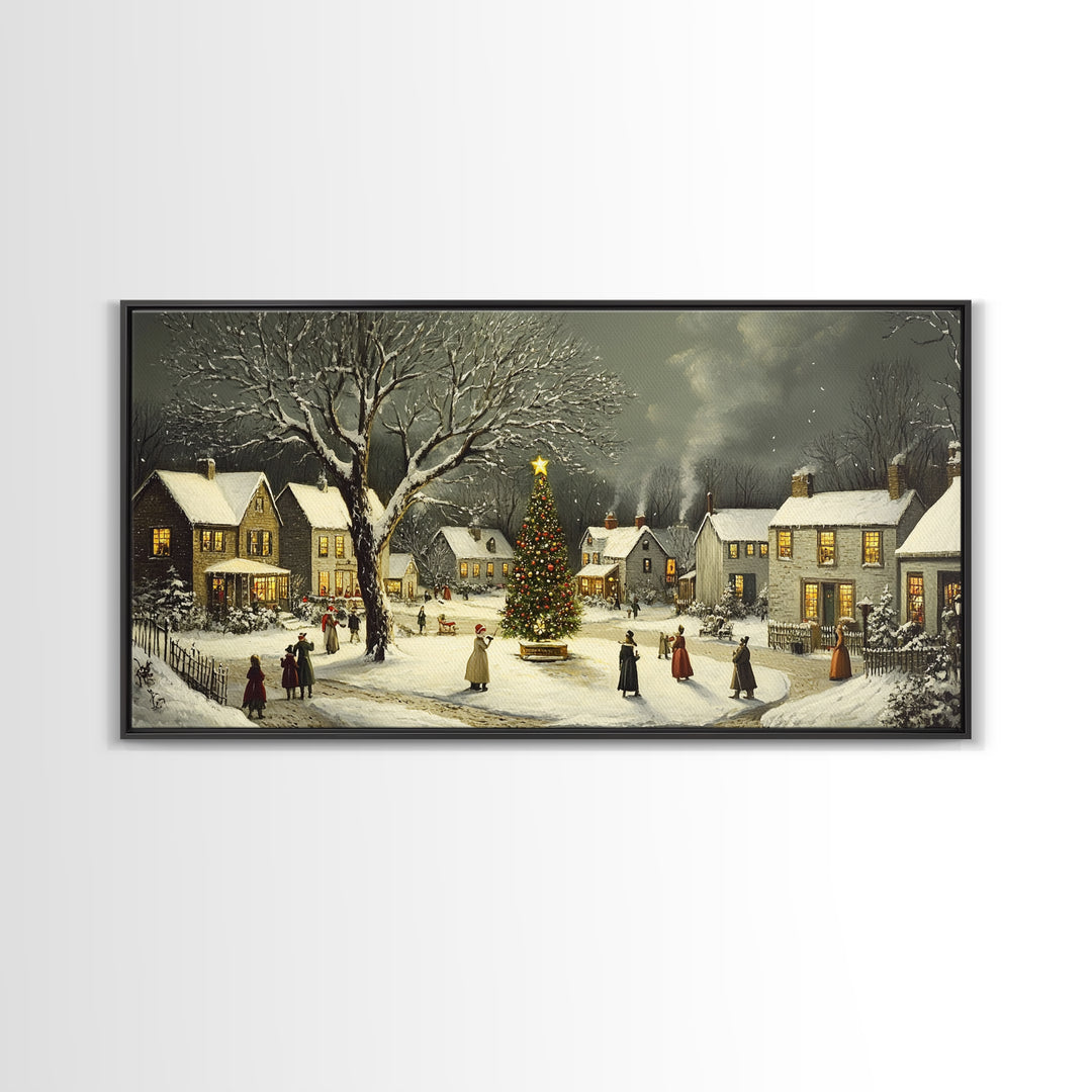 Bustling Christmas Street Scene Oil Painting Canvas Print, Snowy Holiday Night, Festive Victorian Christmas Village Oil Painting, Christmas Decor
