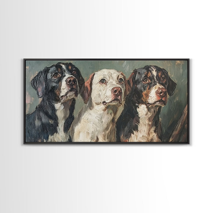 Cute Hunting Dogs Framed Canvas Print, Hunting Dogs Oil Painting, Modern Farmhouse, Traditional Home Decor, Rustic Wall Art, Dog Lover Gift