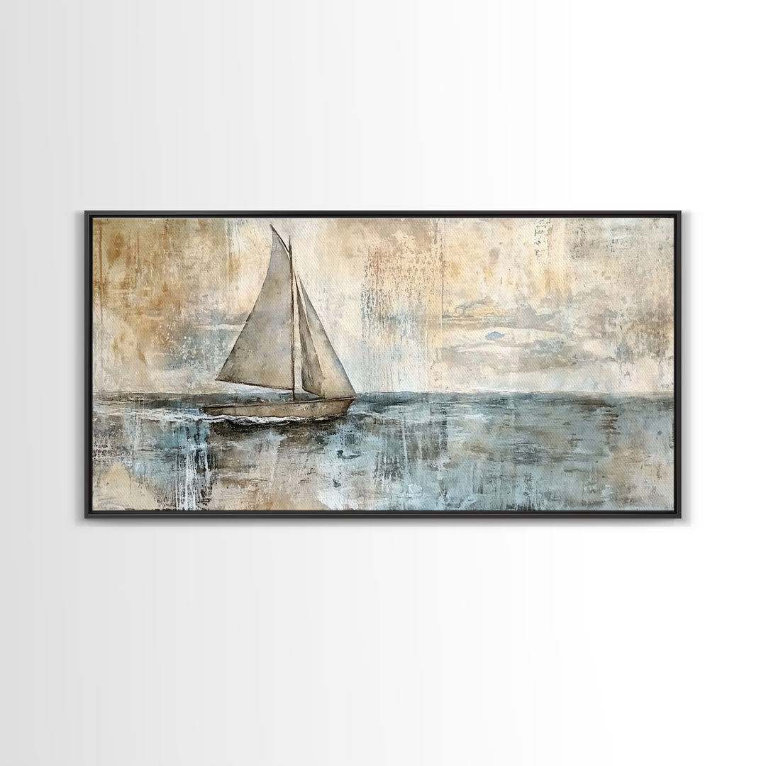 Coastal Sailboat Painting Print, Ready To Hang Art, Framed Canvas, Coastal Art Print For Beach House Decor, Wabi Sabi Sailboat, Inspired Ocean