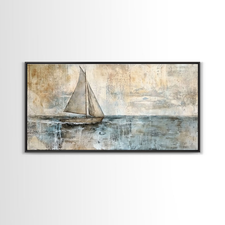Coastal Sailboat Painting Print, Ready To Hang Art, Framed Canvas, Coastal Art Print For Beach House Decor, Wabi Sabi Sailboat, Inspired Ocean