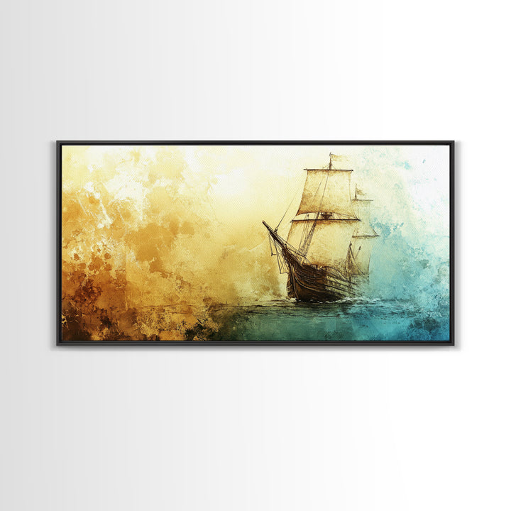 Abstract Pirate Ship Nautical Decor Framed Canvas Print - Nautical Wall Decor - Sailboat Painting - Neutral Wall Decor - Coastal Wall Art