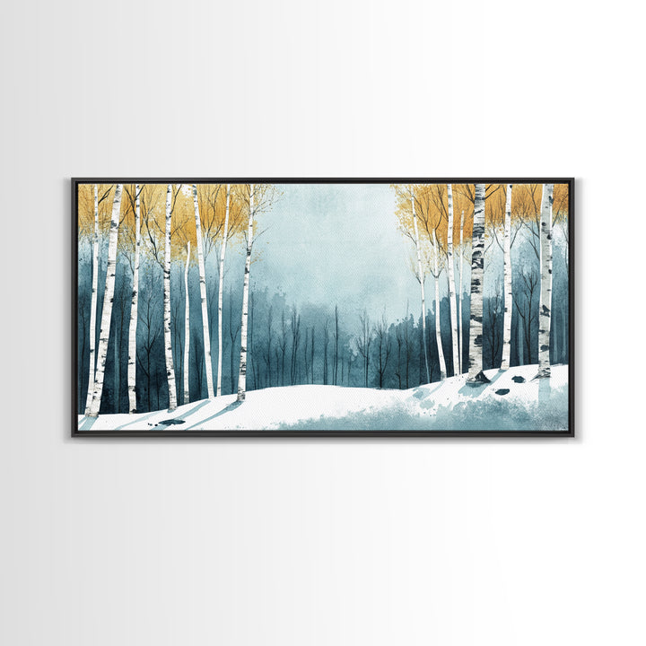 Birch Tree Forest in Winter Framed Canvas Print Ready To Hang Wall Decor, Winter Art, Winter Decor, Birch Painting, Aspen Trees Forest Art