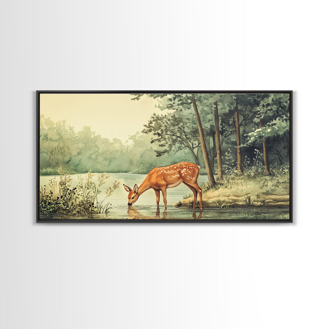 Deer Drinking Water in Forest Painting Print, Deer Painting, Cabin Decor, Cabin Wall Art, Framed Canvas Print, Nature Lover Gift, Nature Art