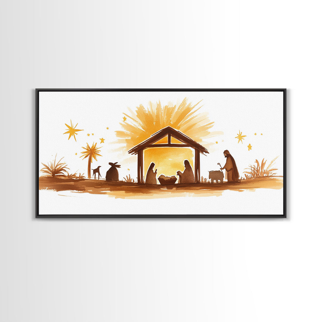 Cute Nativity Watercolor Painting Canvas Print - Framed Wall Art - Ready To Hang - Christmas Nativity Centerpiece Wall Art