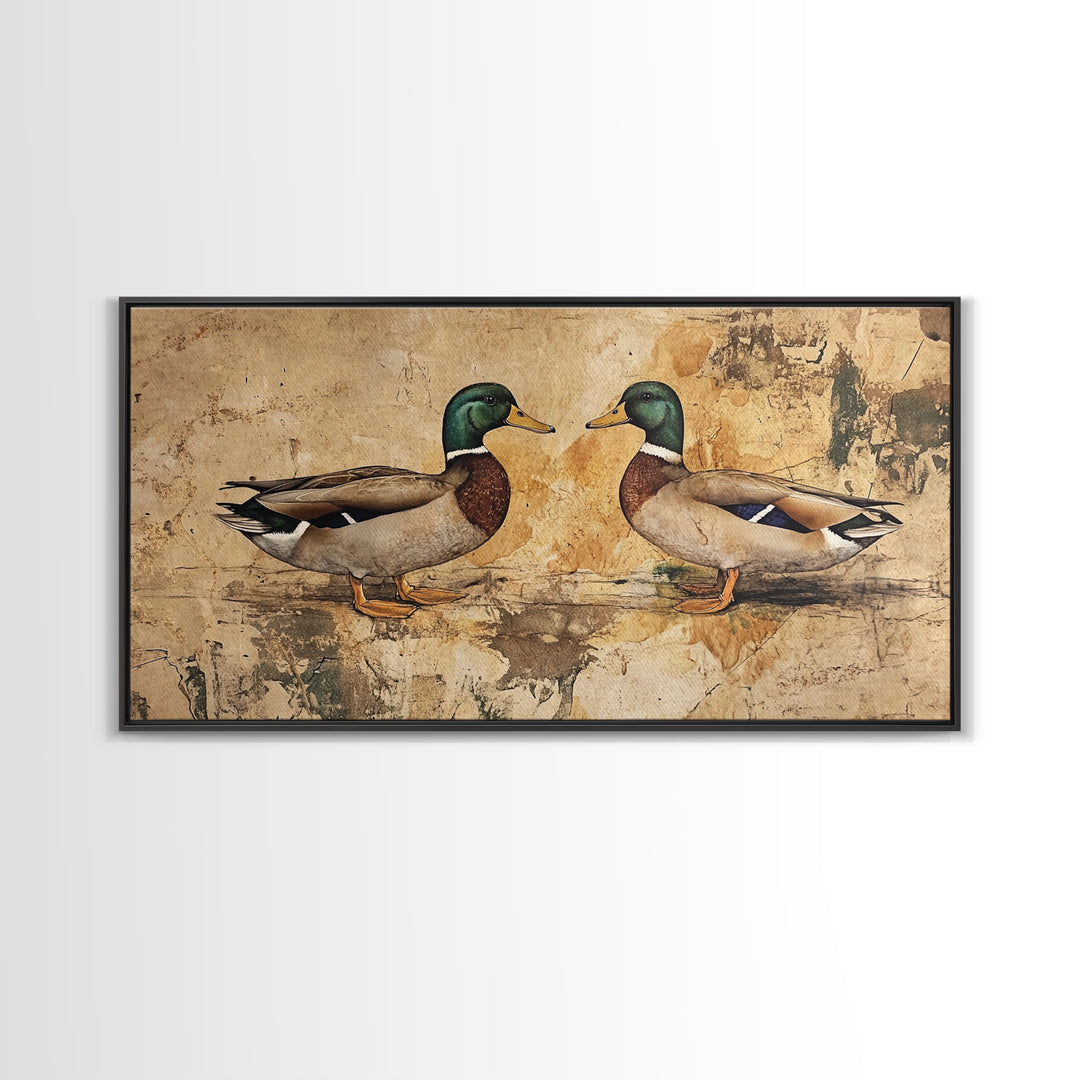 Cute Kissing Mallard Ducks - Rustic Farmhouse Wall Art - Framed Canvas Print - Gift For Hunter or Outdoorsman - Cabin Art - Cabin Decor