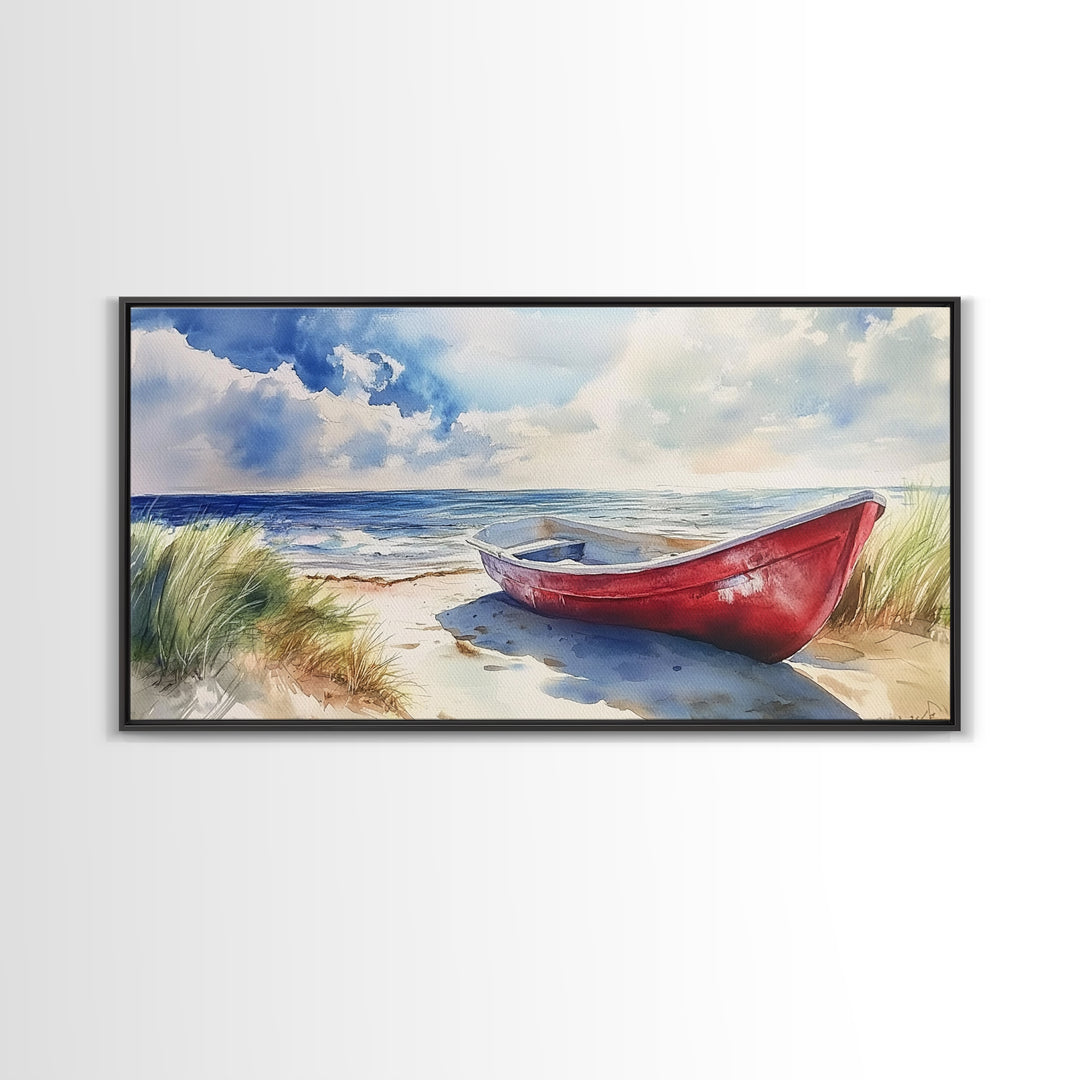Coastal Decor - Painting of a Canoe On The beach Framed Canvas Print - Maine Painting - Maine Wall Art - Coastal Home Decor - Beach Art