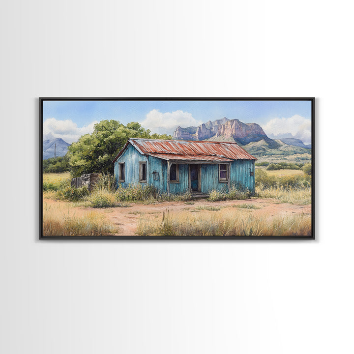 Abandoned Cabin In The Nevada Desert - Framed Canvas Print - Kitsch Wall Art - Desert Landscape Painting - Barn Oil Painting - Desert Art