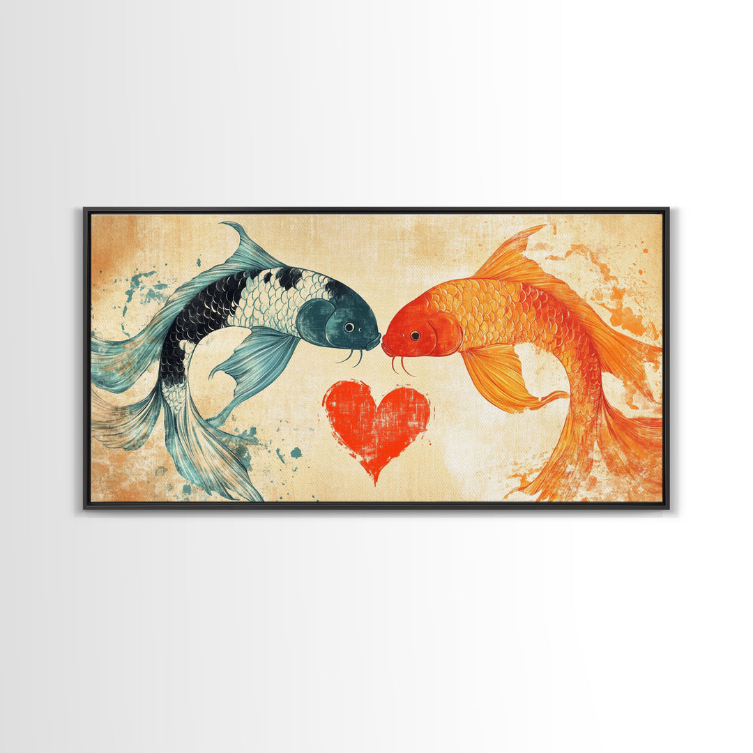 Cute Koi Fish Kissing - Couple Gift Idea - Framed Canvas Print - Valentine's Day Wall Art - Wall Art For Couples - Engagement Gift Idea